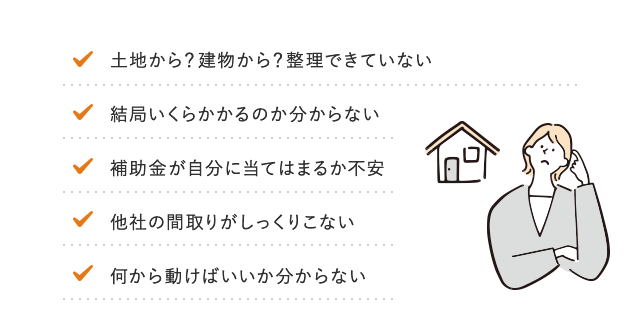 土地から？建物から？整理できていない 結局いくらかかるのか分からない 補助金が自分に当てはまるか不安 他社の間取りがしっくりこない 何から動けばいいか分からない