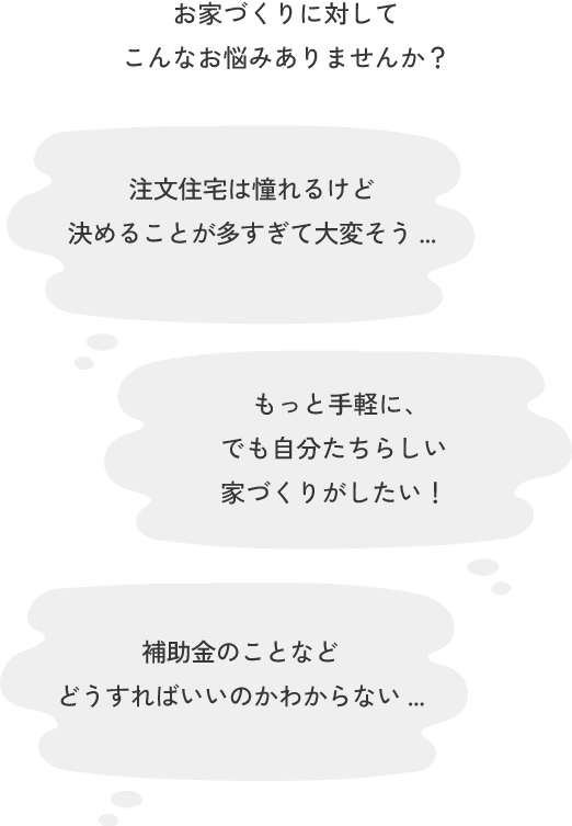 お家づくりに対して こんなお悩みありませんか？①注文住宅は憧れるけど決めることが多すぎて大変そう...②もっと手軽に、 でも自分たちらしい 家づくりがしたい！③補助金のことなど、どうすればいいのかわからない...